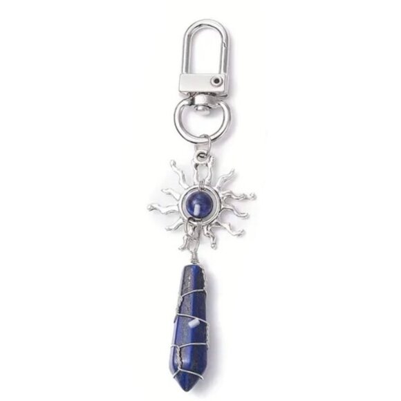 Wire Wrapped Blue Gemstone Pendant Celestial Keychain - Picture 1 of 3